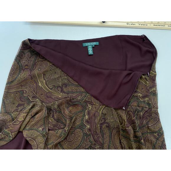 Ralph Lauren Silk Skirt Women 12 Brown Paisley Tiered Ruffle English Countryside - Picture 5 of 10